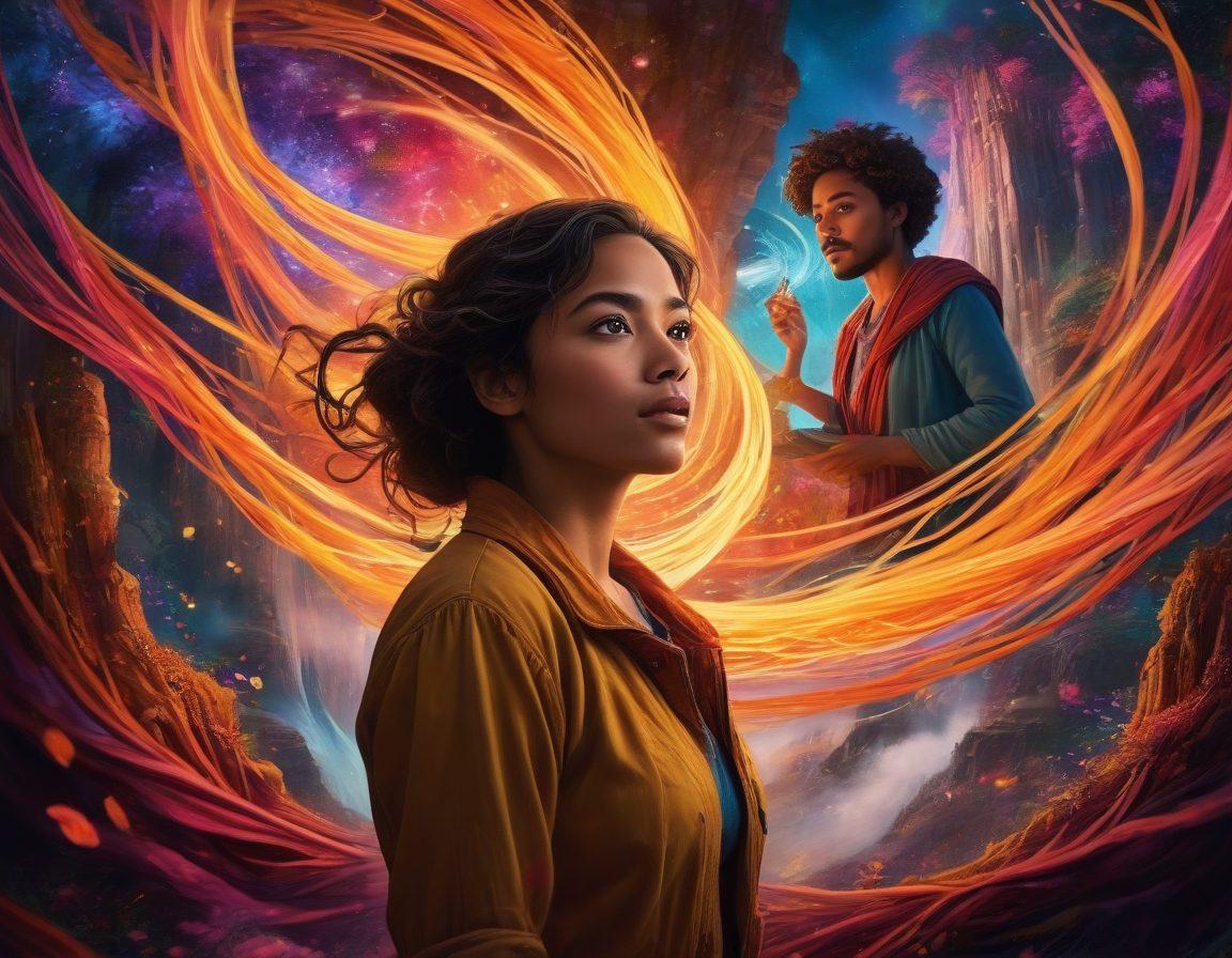 A captivating scene illustrating a diverse group of storytellers surrounded by a swirling vortex of vibrant, illustrated scenes from various genres of film such as fantasy, thriller, and drama. Each storyteller is engaged, using gestures to weave their tales as colorful, glowing strands of narratives flow around them. The background features a cinematic landscape that reflects the essence of different storytelling techniques. super-realistic. vibrant colors. cinematic atmosphere.