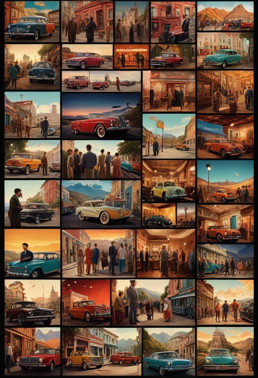 A creative collage depicting a vibrant film set with an independent filmmaker passionately directing a diverse cast against a backdrop of captivating scenery. Include elements like a vintage camera, storyboards, and lighting equipment, while showcasing dynamic expressions of actors immersed in storytelling. The surrounding environment should be artistic and engaging, reminiscent of independent cinema's unique charm. super-realistic. vibrant colors. cinematic lighting.