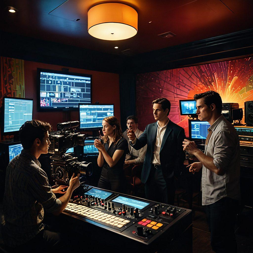 A dynamic film set bustling with activity, showcasing a diverse crew working on a cinematic masterpiece. Include an intricately designed camera capturing a captivating scene, vibrant lighting casting colorful shadows, and a director passionately guiding the actors. Surround with film reels, scripts, and distribution charts subtly in the background to emphasize industry insights. bright colors. cinematic style. 3D.